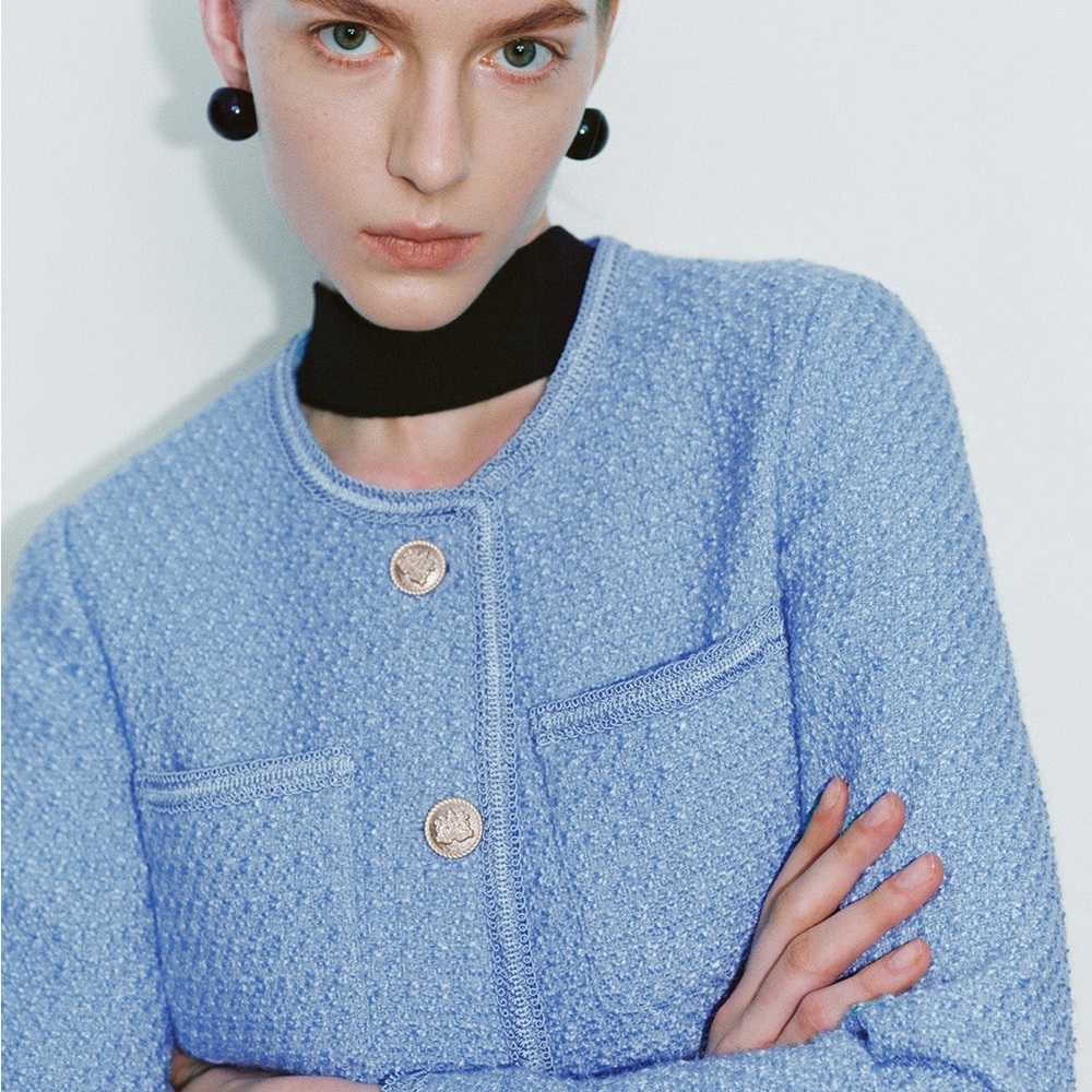 Chic Textured Women's Blazer in Light Blue